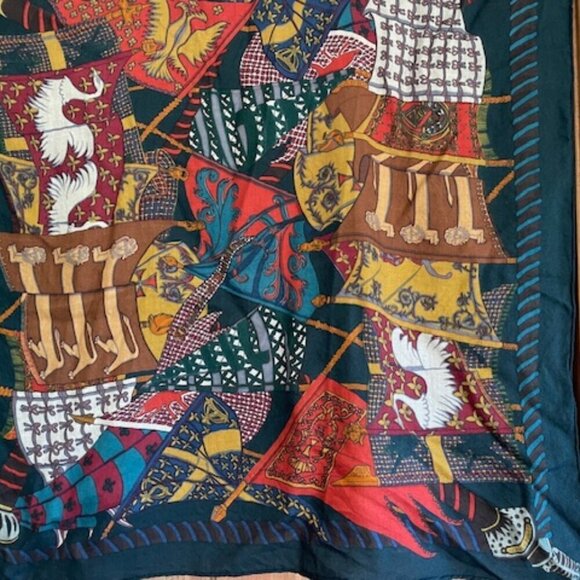 HERMES Flag Print Square Green Blue Gold Red Large Vintage Scarf - Picture 7 of 17